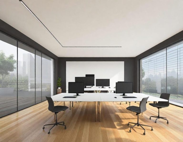 Büro Moderne Büroräume mit mehreren Monitoren und großen Fenstern. Helle Holzfußböden. LED Deckenbeleuchtung..