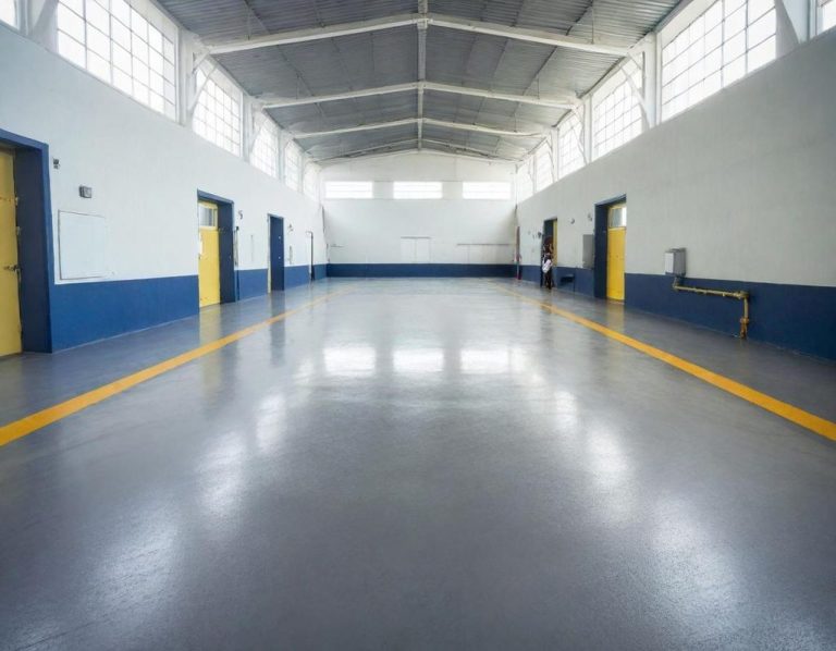 Bodenbeschichtung Leerer Innenraum mit grauem Boden mit Epoxidharzbeschichtung, hellen Wänden und gelben Türen.